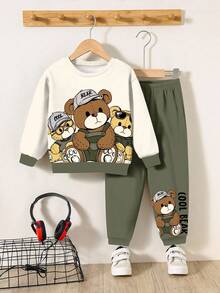 SHEIN 2pcs/Set Young Boys Casual Cute Cartoon Bear & Letter Print Comfortable Long Sleeve Sweatshirt And Pants Set, Suitable For Summer - Multicolor - View 2