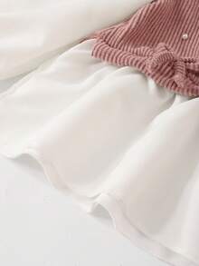 女童休闲衬衫套装，卡其色蝴蝶结设计，串珠针织罗纹面料，白色长袖翻领荷叶边下摆衬衫，搭配卡其色珍珠喇叭裤，2 件套，适合返校季休闲、时尚、甜美、舒适的户外旅行装 - 粉色 - 查看 7