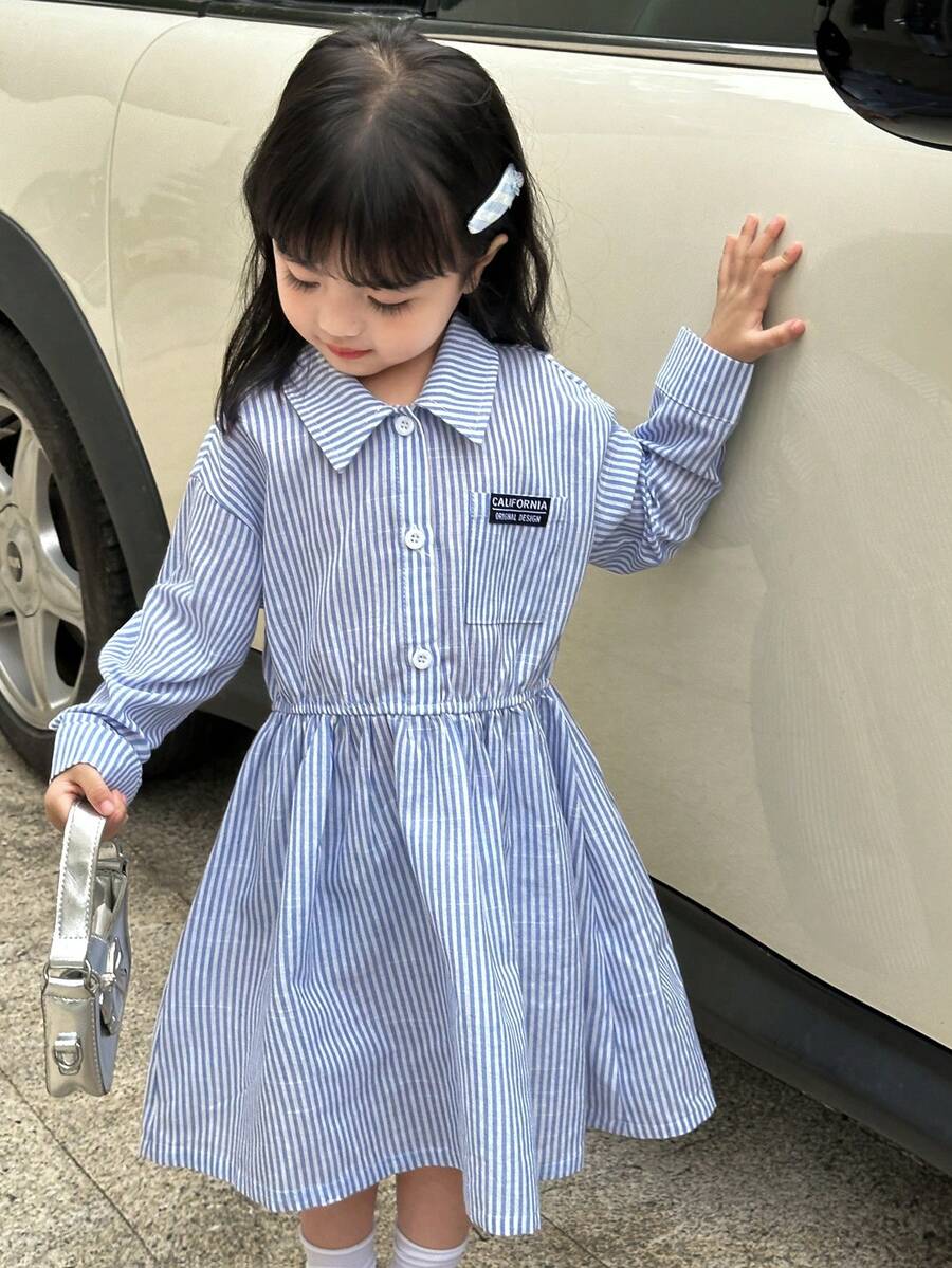 SHEIN 女童休闲学院风条纹领开衫长袖中长连衣裙，适合上学、日常休闲穿着，春夏秋冬皆宜。 - 藍色 - 查看 1