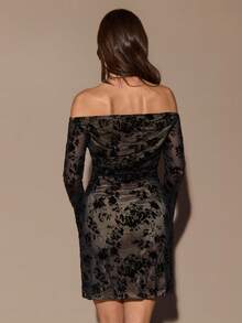 SHEIN BAE Váy dài tay trễ vai nhún bèo màu đen dáng chữ A thanh lịch dành cho nữ, thích hợp cho tiệc cocktail, hẹn hò lãng mạn, mặc nhiều lớp mùa thu/đông, tụ họp, tiệc tùng, váy phù dâu, đi chơi đêm, Halloween, Giáng sinh - màu đen - Xem 2