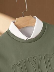 Manfinity VCAY 男士休闲简约字母压纹针织卫衣，秋季款 - 軍綠色 - 查看 3