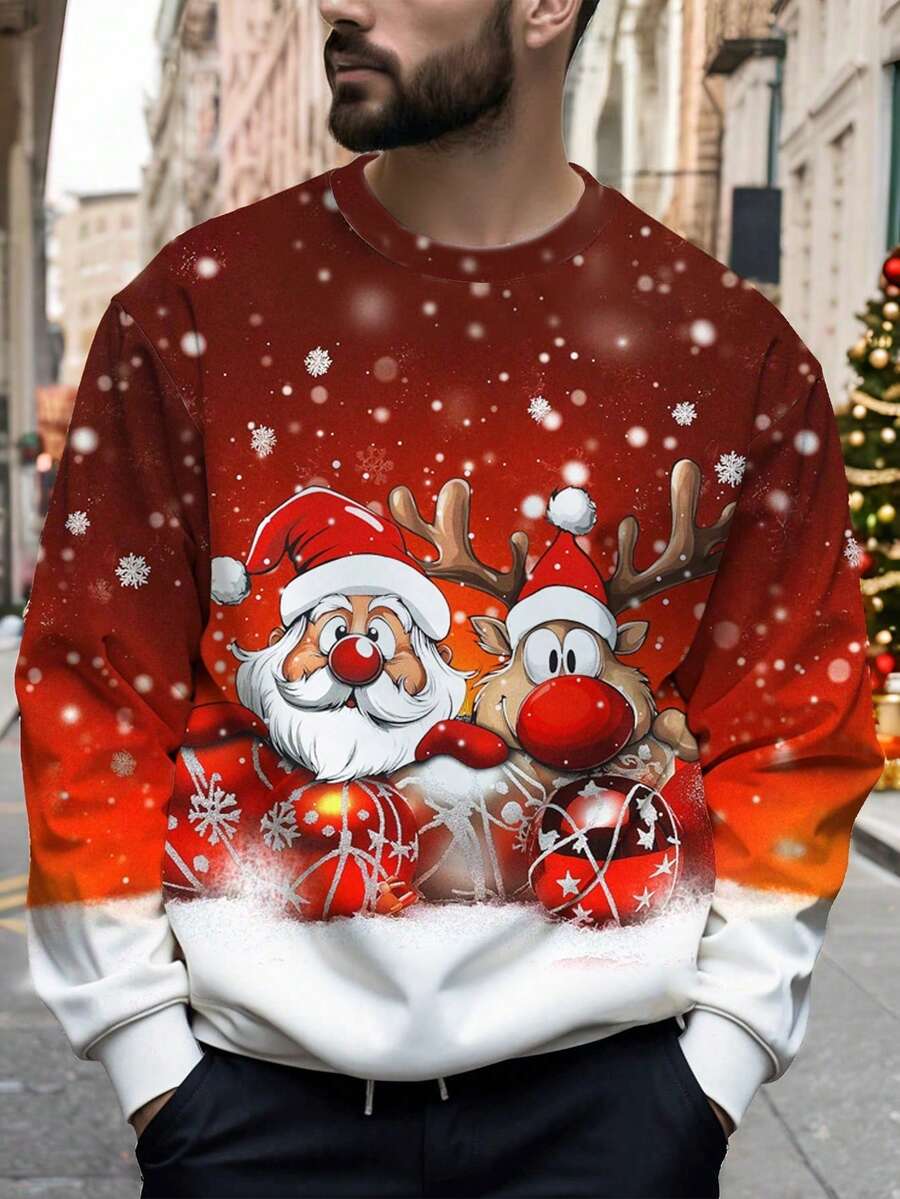 Manfinity Homme Felpa casual da uomo a girocollo, manica lunga, con stampa di renne e fiocchi di neve natalizi - Rosso - Visualizzare 1
