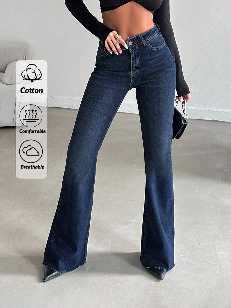 SHEIN PETITE Women Petite High Waist Casual Flare Jeans - Dark Wash - View 1