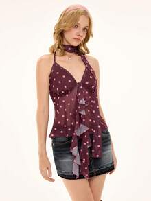 ROMWE Avant Women's Retro Chiffon Ruffle Trim Contrast Polka Dot Sheer Sexy Halter Neck Camisole - Rust Brown - View 5