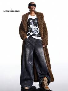 LYSMO 2025新款极简主义冬季女式棕色纯色时尚长款休闲街头仿皮草外套，新年造型及圣诞派对装扮，新年感恩节时尚之选 - 米色 - 查看 1