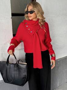 SHEIN PariChic Roter abnehmbarer Schal Schlankheits-Pullover, Herbst/Winter