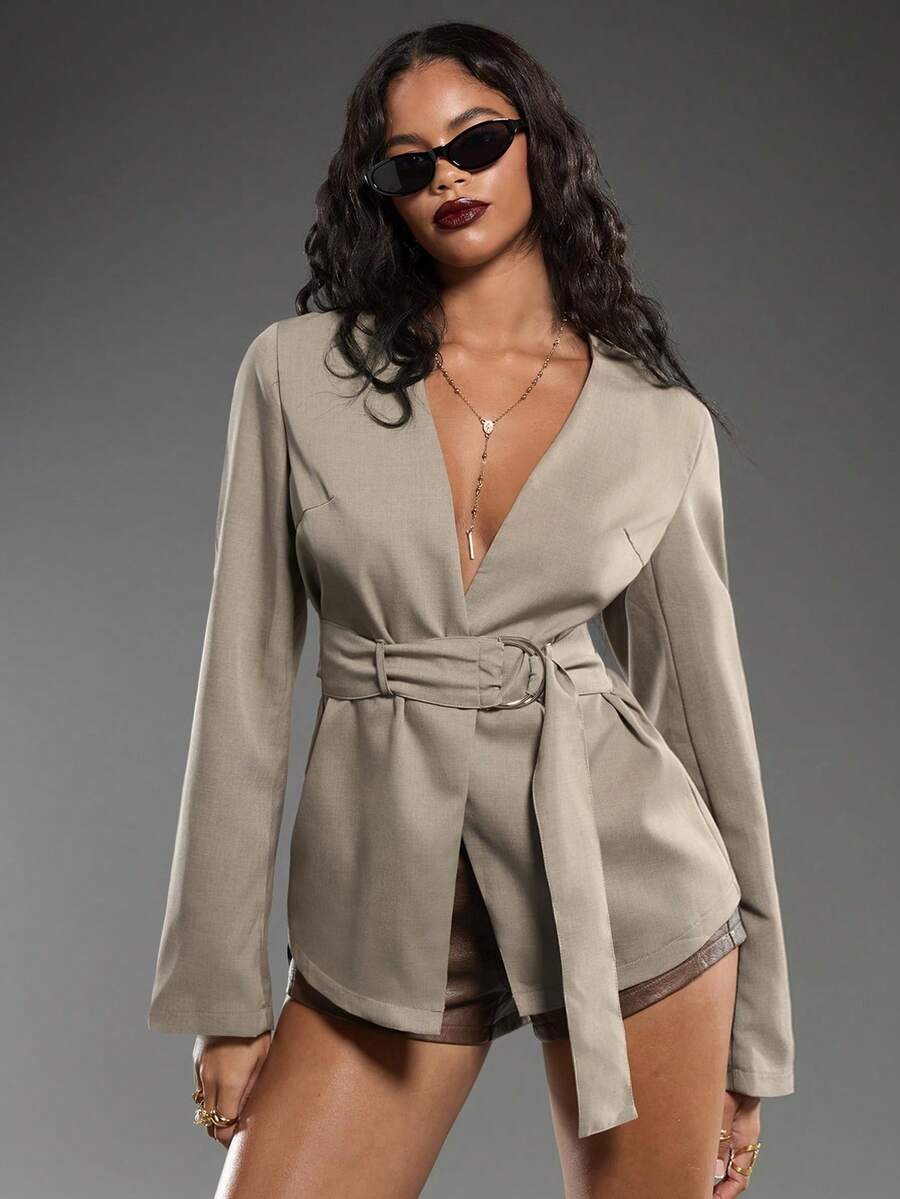 Normani 秋冬女士优雅纯色束腰西装外套 - 卡其色 - 查看 1