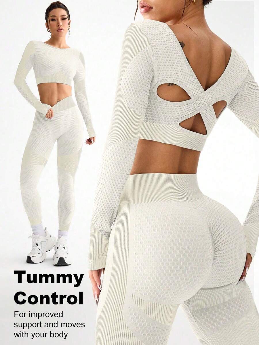 Easithlete 1 Set Women's Fitness Outfit With Long Sleeve Crisscross Strap Tank Top And Pants Workout Sets - Beige - View 1