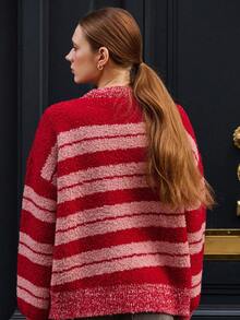 lacRébo Red And Pink Striped Loose-Fit Knit Sweater With Bow Jacquard Red  New Year Going Out Winter - Multicolor - View 5