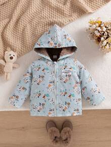 SHEIN Playful Pals 复古碎花连帽女婴外套，拉链闭合，保暖内衬，休闲时尚冬季女婴外套 - 綠色 - 查看 4