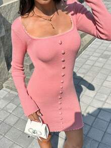 Zielony Women's Soft Pink Knit Dress,Chic Elegant Lace Button Design Fitted Long Sleeve Mini Sweater Bodycon Dress,Ribbed Square Neck Dress For Autumn,Dates - Pink - View 6