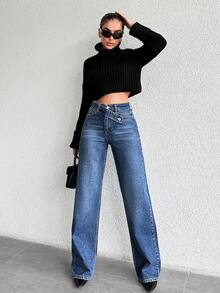 SHEIN Tall Tall High Waist Belt Detailed Straight Jean