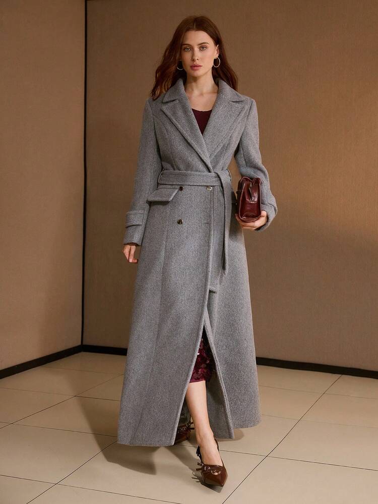 WOMEN DOUBLE BREASTED LAPEL LONG OVERCOAT