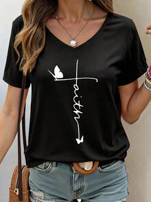 女式休闲 V 领 T 恤，带字母印花，涤纶 95% 氨纶 5%，针织面料，夏季短袖上衣，T 恤 - 黑色 - 查看 1
