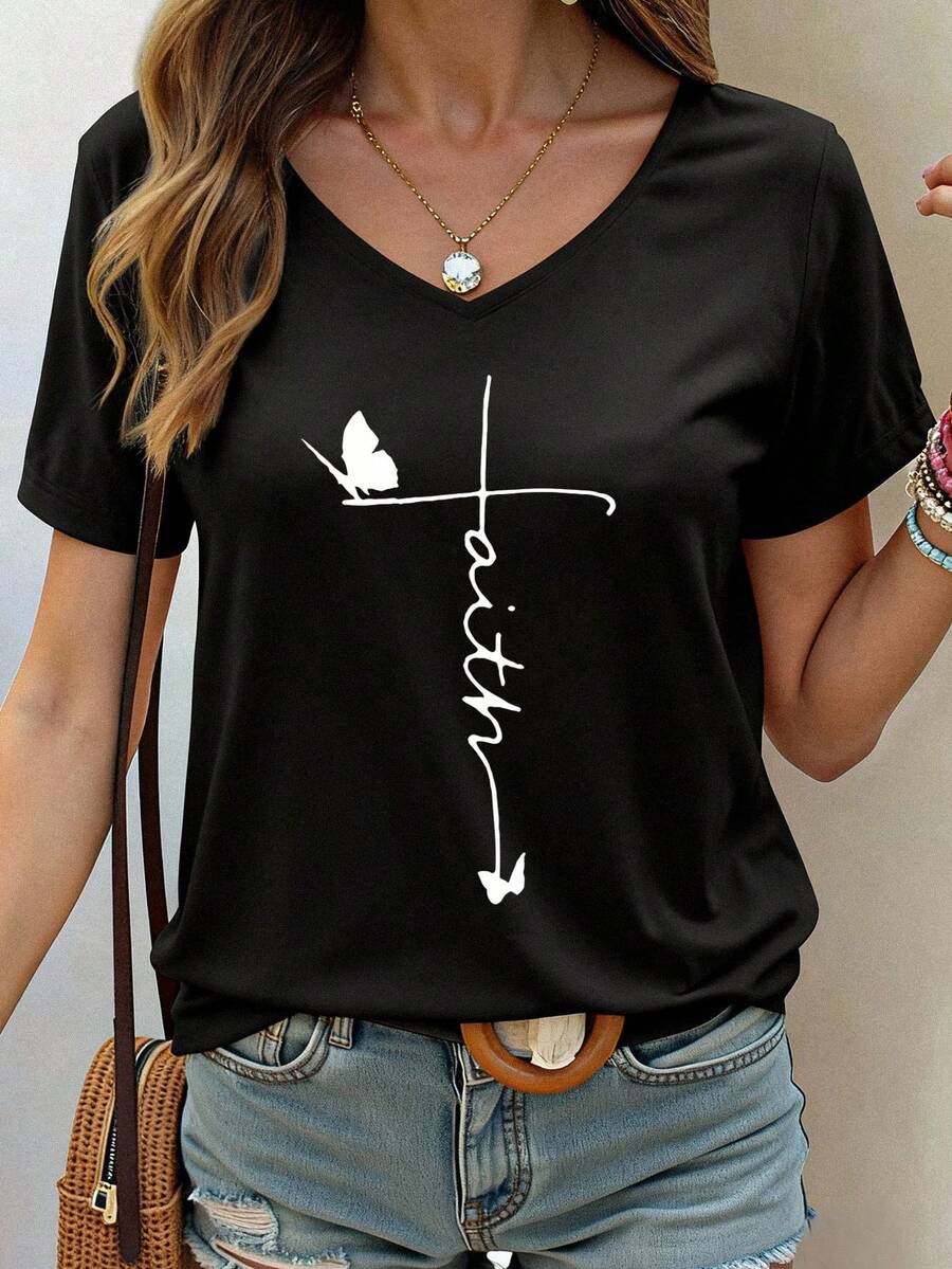 女式休闲 V 领 T 恤，带字母印花，涤纶 95% 氨纶 5%，针织面料，夏季短袖上衣，T 恤 - 黑色 - 查看 1