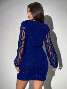 Viva Relle Plus Size V-Neck Lace Long Sleeve Simple Sequin Embellish Casual Dress,Valentine - Blue - View 2