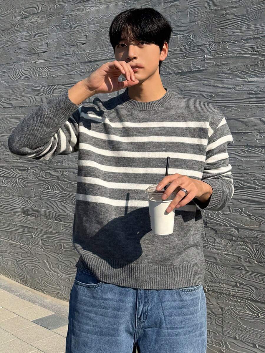 DAZY Men's Gray Striped Crew Neck Sweater, Autumn - Grey - View 1