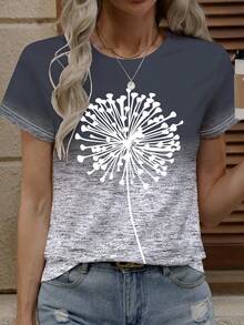 SHEIN Áo thun nữ cổ tròn tay ngắn in hình hoa bồ công anh, áo mùa hè thường ngày - Nhiều màu - Xem 1