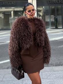 NegzBox 女士时尚性感短袖仿皮草夹克，秋冬 - 棕色 - 查看 6