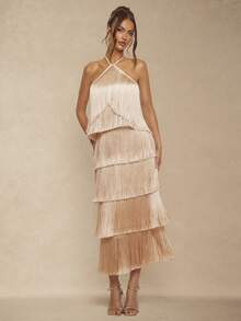 Silquee Đầm hở lưng màu trơn tua rua dây mảnh thời trang thanh lịch không tay hở lưng - Màu be - Xem 4