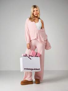 Missguided x Playboy Fluffy Knit Cardigan And Trousers Co-Ord Set Loungewear Matching Outfit For Cozy Home Winter