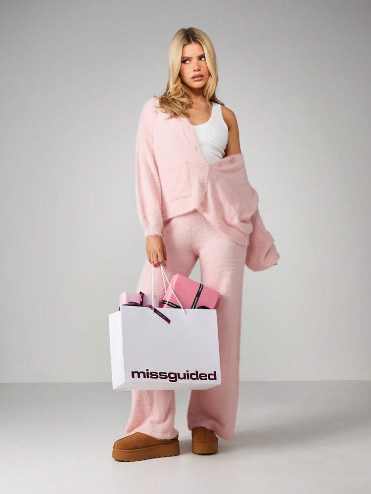 Missguided x Playboy Ensemble coordonné de cardigan tricoté moelleux et pantalon, tenue de détente pour la maison confortable en hiver