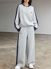 少女刺绣拼布圆领运动衫和运动裤休闲套装 - 灰色 - 查看 2