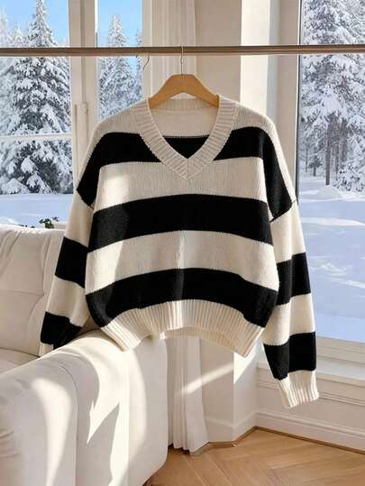 Sparklyn 1pc Women's Pullover Sweater, Fashionable V-Neck Classic Striped Color Block, Regular Thickness, Smooth Texture, Vibrant Colors, Versatile For Daily Wear, Suitable For Autumn/Winter White For Kid Clothes Preppy Clothes For Kids