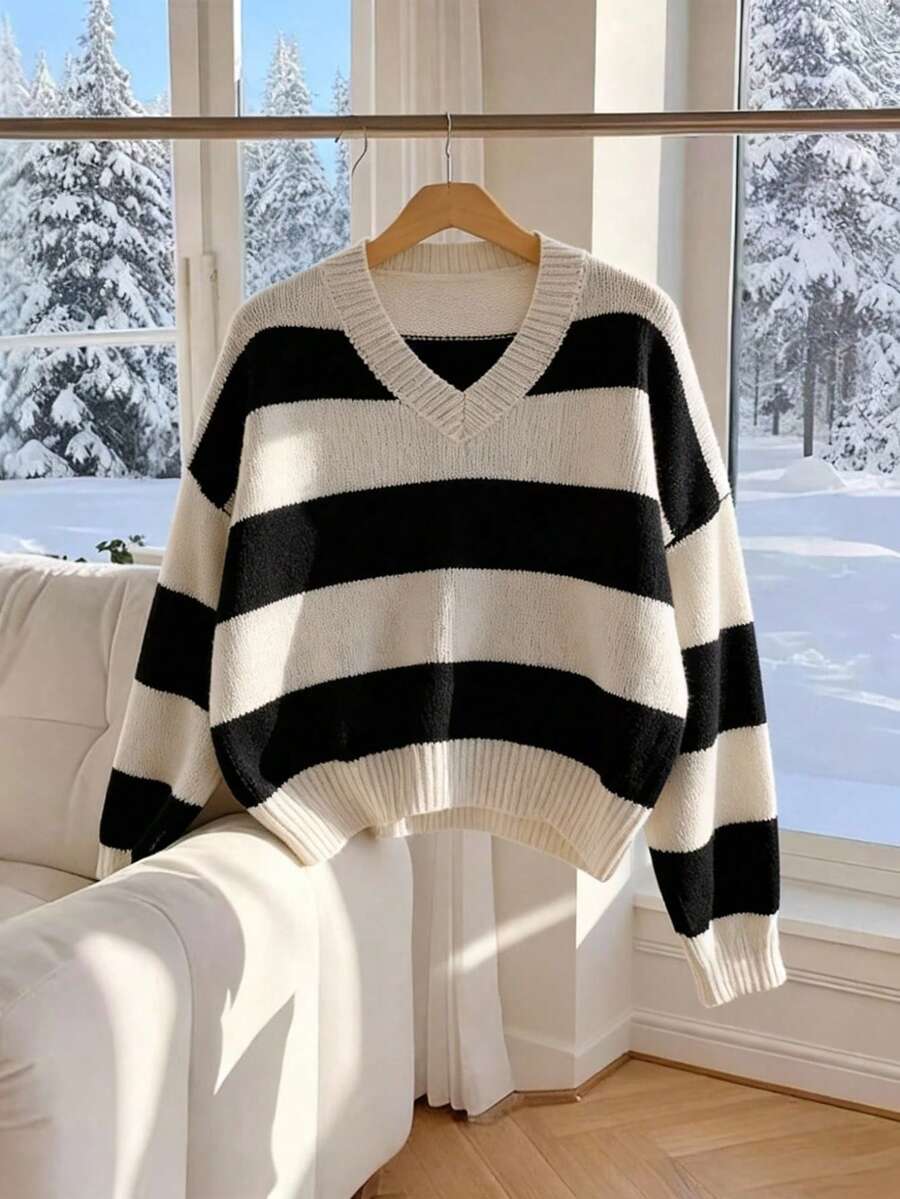 Sparklyn 1pc Women's Pullover Sweater, Fashionable V-Neck Classic Striped Color Block, Regular Thickness, Smooth Texture, Vibrant Colors, Versatile For Daily Wear, Suitable For Autumn/Winter White For Kid Clothes Preppy Clothes For Kids - Multicolor - View 1