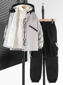 Vacaura 2pcs/Set Teenage Boys Casual Collar Print Contrast Color Fleece Cuff Pants Outfit, Suitable For Autumn/Winter Outdoor - Black - View 3