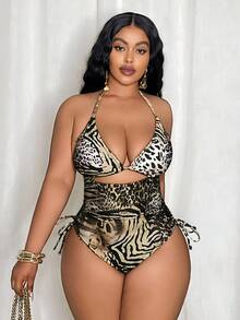 Slaydiva Plus Size Women Random Leopard Print Triangle Top And Tie Side Bottoms One Piece Swimsuit, Vacation Beach For Summer - Brown - View 1