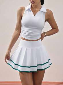 CourtClass Quần short lót & váy thể thao có túi, cạp chun kẻ sọc màu tương phản dành cho nữ, viền loe, mùa xuân/hè - trắng - Xem 3