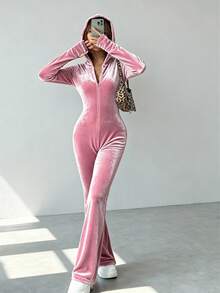 SHEIN EZwear 女士休闲纯色天鹅绒连帽连体裤 - 粉色 - 查看 4