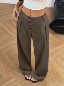 Flirla Women's Casual Versatile Solid Color Straight Leg Pants - Brown - View 3
