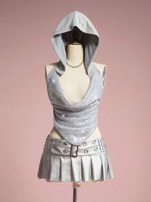 ROMWE EDITION Women's Retro Electronic Music Festival Party Sequin Fabric Hooded Halter Sexy Crop Top - Silver - View 3