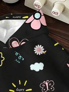 SHEIN Leap Crew 黑白粉配色，甜美涂鸦脸、爱心、花卉图案，复古可爱，少女休闲宽松舒适卫衣，适合秋冬季节，休闲校园风、运动风、户外风、街头风、居家风、校园风。 - 彩色 - 查看 3