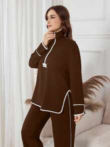 Modelyn Women's Black Stand Collar Half Zip Hoodie With Letter Patch, Loose Casual 2 Pieces Set, Suitable For Autumn/Winter - Brown - View 4