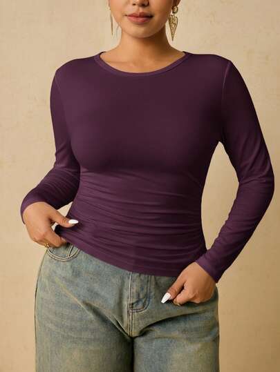 Travachic Plus Size Women Black Long Sleeve Round Neck Thermal Undershirt, Waist Ruched Tummy Control T-Shirt