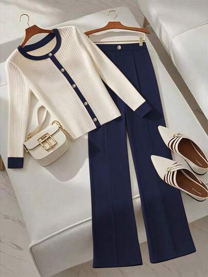 SHEIN Franclia Women's Elegant Long Sleeve And Long Pants 2 Pieces Set