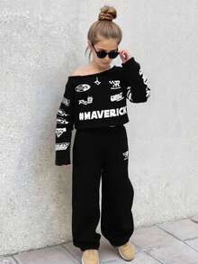 年轻女孩字母印花不对称肩长袖运动衫和阔腿裤休闲套装，秋季 - 黑色 - 查看 5