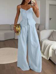 INAWLY Solva Women's Solid Color Single-Breasted Tie-Waist Camisole Top And Wide-Leg Pants Casual 2 Pieces Set