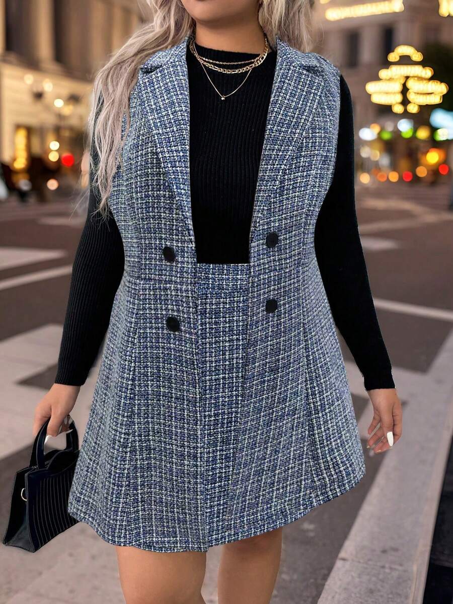 SHEIN LUNE Plus Size Plaid Lapel Double-Breasted Coat And Skirt Set - Blue - View 1
