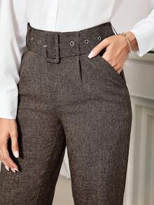 Ellevyn 女士长腰带锥形裤，优雅灰色，适合日常通勤 - 咖啡棕 - 查看 9