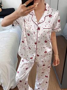Dream Adore Teddy Bear Print Faux Silk Women Pajama Set - White - View 4