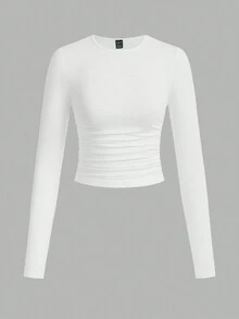 SHEIN EZwear 3件套女士休闲纯色圆领褶皱长袖T恤，秋冬季 - 白色 - 查看 3