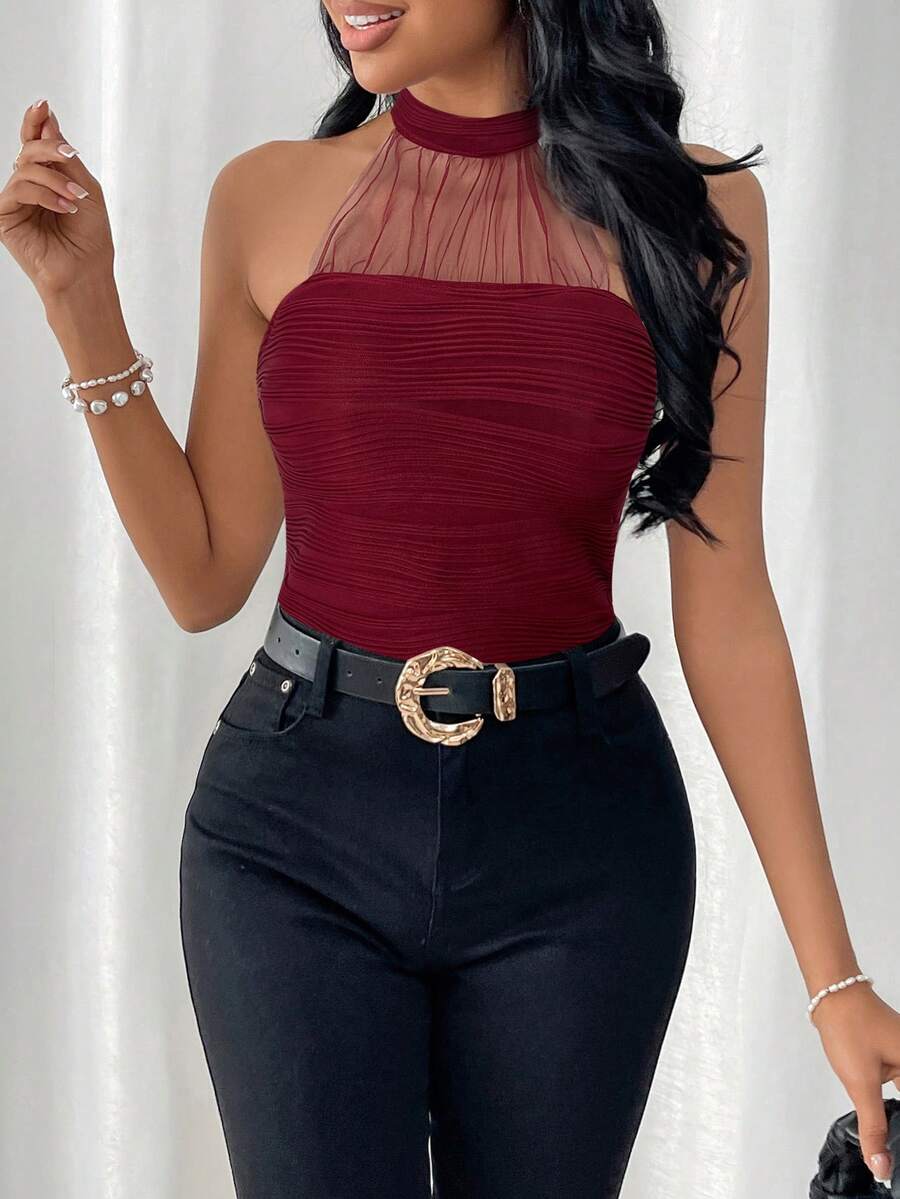 SHEIN Privé 优雅纯色网眼针织吊带上衣 - 酒紅色 - 查看 1