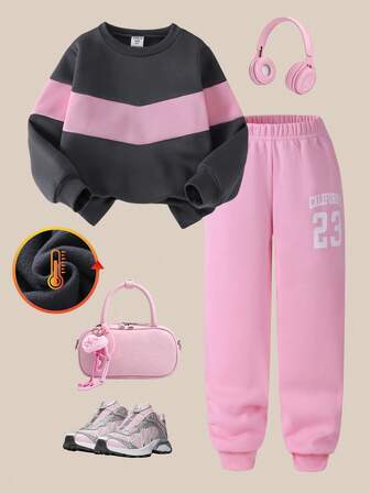 SHEIN Casuvi Kids Girls Casual Loose Splice Colorblock Long Sleeve Sweatshirt Set, Suitable For Daily Casual Outings And School, Girls Outfit