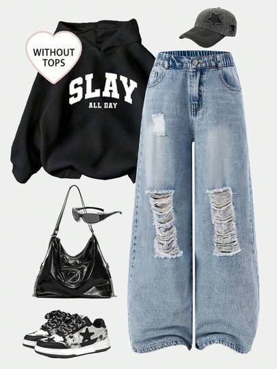 SHEIN ChillGRL 少女休闲基础款宽松直筒破洞牛仔裤 + 松紧腰基础款牛仔裤 + 浅蓝色破洞牛仔裤，适合所有季节，舒适面料