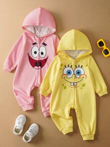 SpongeBob SquarePants | SHEIN 2 piezas Mameluco con capucha con cremallera y gráfico de dibujos animados lindos para bebé niño - Multicolor - Ver 1