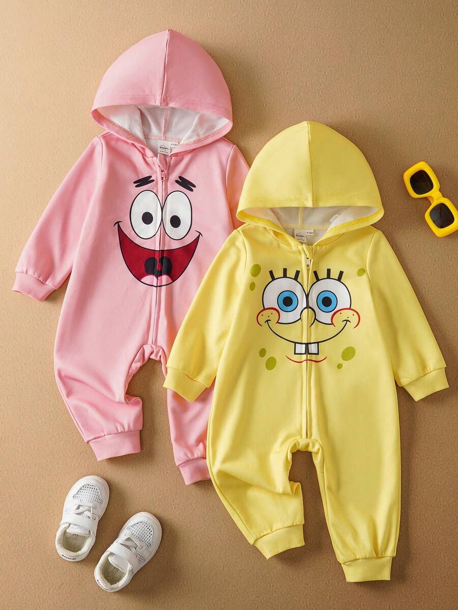 SpongeBob SquarePants | SHEIN 2 piezas Mameluco con capucha con cremallera y gráfico de dibujos animados lindos para bebé niño - Multicolor - Ver 1